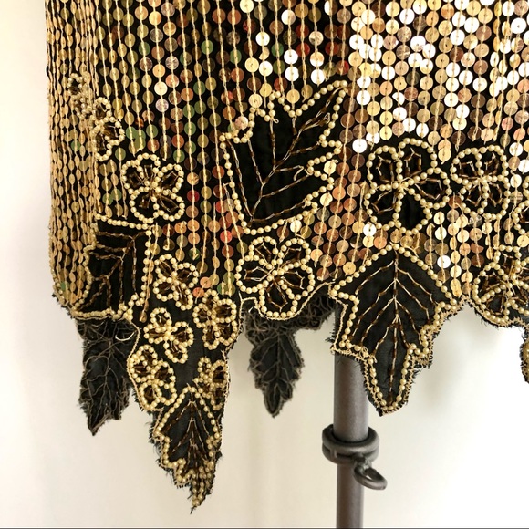 📀VINTAGE Gold Sequin Floral Skirt Top Set - Picture 7 of 8